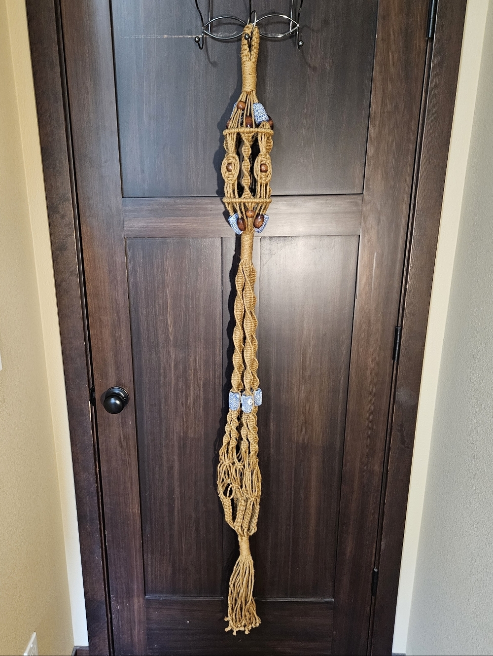 EUC Vintage Long Macrame Woven Jute Beaded Large Plant Hanger Boho Hippie
